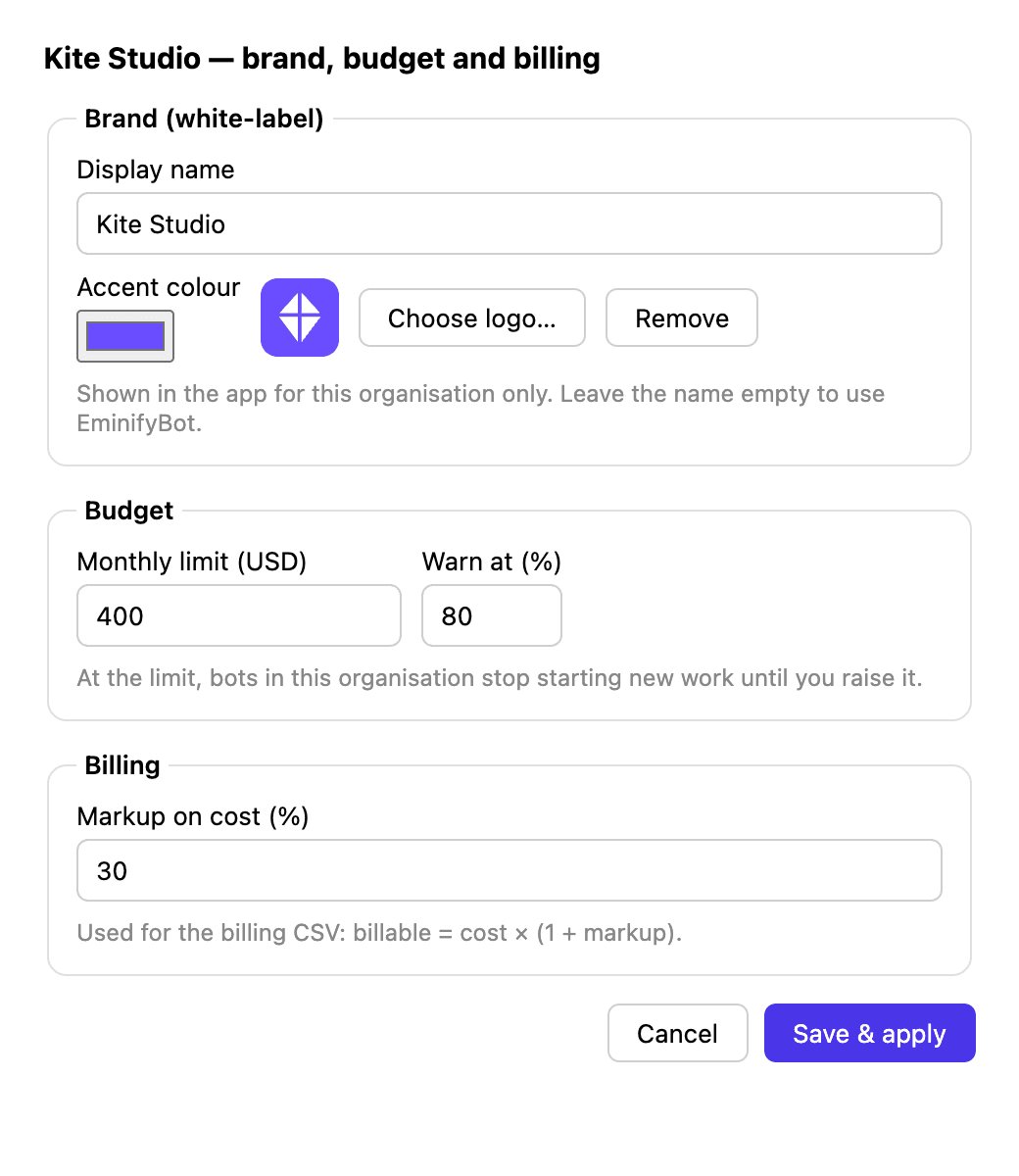 Budgets, billing and brand in EminifyBot